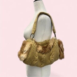 Y2K Cable Knit Fur Hobo Bag in Camel